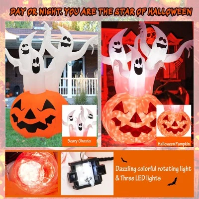 Tangkula 6FT Halloween Inflatable Decorations 3 White Ghosts on Pumpkin Spooky Halloween Blow Up Pumpkin Ghost Decor w/ Build-in LED Lights 2 Tangkula 6FT Halloween Inflatable Decorations 3 White Ghosts on Pumpkin Spooky Halloween Blow Up Pumpkin Ghost Decor w/ Build-in LED Lights - Image 2