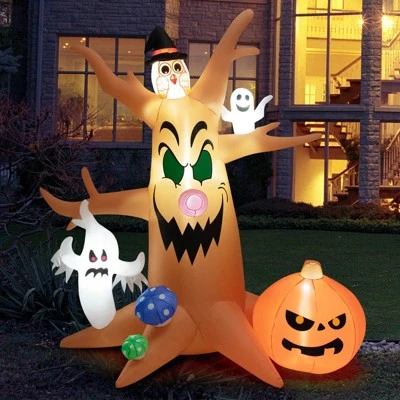 Tangkula 8FT Inflatable Halloween Three White Ghosts with Pumpkin Blow-up Yard Decoration w/Built-in LED Lights & Rotating Lamp Stable & Waterproof 1 Tangkula 8FT Inflatable Halloween Three White Ghosts with Pumpkin Blow-up Yard Decoration w/Built-in LED Lights & Rotating Lamp Stable & Waterproof