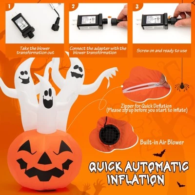 Tangkula 6FT Halloween Inflatable Decorations 3 White Ghosts on Pumpkin Spooky Halloween Blow Up Pumpkin Ghost Decor w/ Build-in LED Lights 3 Tangkula 6FT Halloween Inflatable Decorations 3 White Ghosts on Pumpkin Spooky Halloween Blow Up Pumpkin Ghost Decor w/ Build-in LED Lights - Image 3