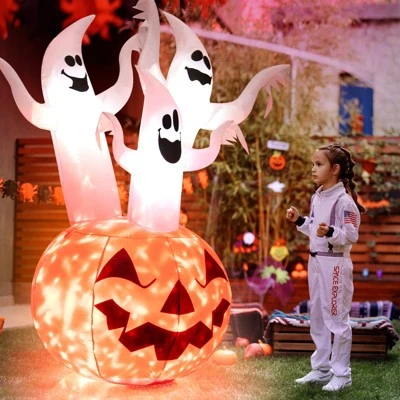 Tangkula 6FT Halloween Inflatable Decorations 3 White Ghosts on Pumpkin Spooky Halloween Blow Up Pumpkin Ghost Decor w/ Build-in LED Lights 1 Tangkula 6FT Halloween Inflatable Decorations 3 White Ghosts on Pumpkin Spooky Halloween Blow Up Pumpkin Ghost Decor w/ Build-in LED Lights