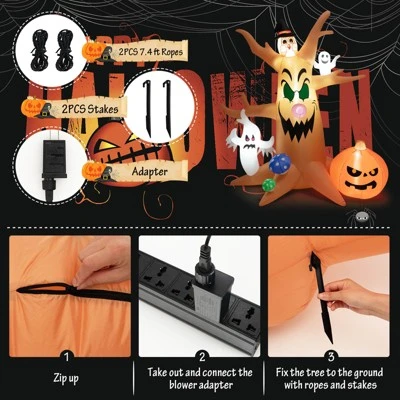 Tangkula 8FT Inflatable Halloween Three White Ghosts with Pumpkin Blow-up Yard Decoration w/Built-in LED Lights & Rotating Lamp Stable & Waterproof 3 Tangkula 8FT Inflatable Halloween Three White Ghosts with Pumpkin Blow-up Yard Decoration w/Built-in LED Lights & Rotating Lamp Stable & Waterproof - Image 3