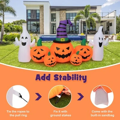 Tangkula 9FT Long Halloween Inflatable Pumpkins Self Inflating Halloween Pumpkin Patch Lanterns w/ 2 Ghosts LED Lights Waterproof Blower 3 Tangkula 9FT Long Halloween Inflatable Pumpkins Self Inflating Halloween Pumpkin Patch Lanterns w/ 2 Ghosts LED Lights Waterproof Blower - Image 3