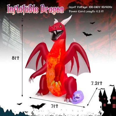 Costway 8 FT Halloween Inflatable Red Dragon with Wings & Skull Holiday Decoration Light 2 Costway 8 FT Halloween Inflatable Red Dragon with Wings & Skull Holiday Decoration Light - Image 2