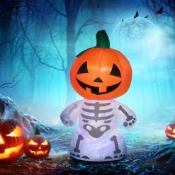 HOMCOM 70.75 " Inflatable Halloween Skeleton Ghost Pumpkin Head, Blow-Up LED Yard Display w/ Rotating Colorful Light Outdoor for Garden, Lawn, Party