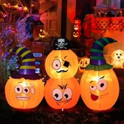 Tangkula 5 FT Long Halloween Inflatable Decoration Blow Up Pumpkin Combo w/ Pirate & Witch Hats, Built-in Bright LED Lights Additional Sandbag