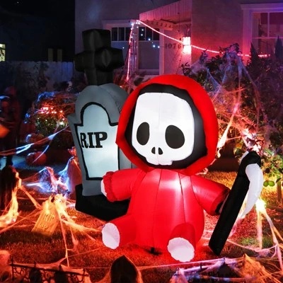 Tangkula 5 FT Tall Halloween Inflatable Decoration Blow Up Grim Reaper Ghost & Tombstone with Bright LED Lights Metal Ground Stakes 2 Tangkula 5 FT Tall Halloween Inflatable Decoration Blow Up Grim Reaper Ghost & Tombstone with Bright LED Lights Metal Ground Stakes - Image 2
