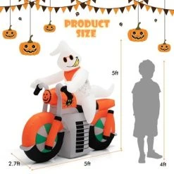 Costway 5 FT Halloween Inflatable Ghost Riding on Motor Bike Yard Decor w/ LED Lights
