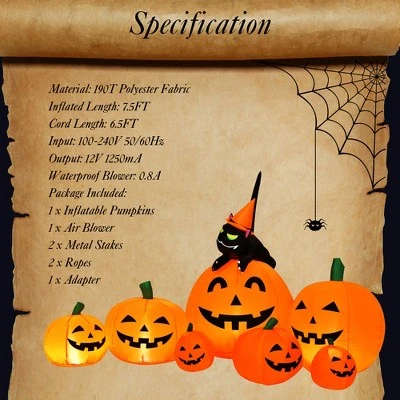 Costway Halloween 7.5 FT Inflatable Pumpkin Combo Decoration w/ Witch Black Cat 8 Costway Halloween 7.5 FT Inflatable Pumpkin Combo Decoration w/ Witch Black Cat - Image 8