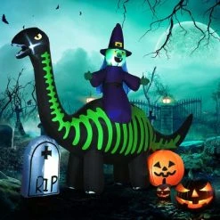 HOMCOM 8FT Halloween Inflatables Skeleton Dinosaur with Witch, Pumpkin, Outdoor Decorations with LED Lights