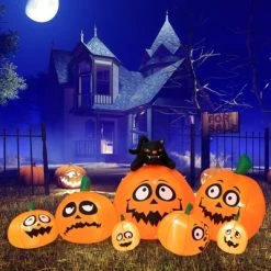 Tangkula 9.5 FT Long Inflatable Pumpkin Combo w/ Black Cat Extra Long Blow-up Pumpkin Halloween Decoration w/ Built-in LED Lights