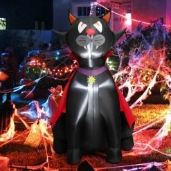 Tangkula 4.7FT Tall Halloween Inflatable Decoration Blow Up Vampire Black Cat with Crimson Cape Halloween Decor with Bright LED Lights