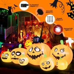 Tangkula 8Ft Long Halloween Inflatable Pumpkin Outdoor Blow Up Deco w/ 7 Pumpkins & 1 Black Cat Built-in Blower 4 Stakes LED Lighted Inflatable Prop -Hyde and Eek Cosplay Store GUEST 9db07575 6f69 4ee5 915f 43cb025f103b