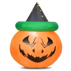 Tangkula Halloween Decoration 4 Ft Blow-up Inflatable Pumpkin With Witch Hat LED Bulbs Yard