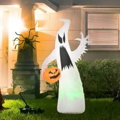 HOMCOM Inflatable Ghost with Pumpkin, Halloween Outdoor LED Lighted Yard Decoration, Waterproof