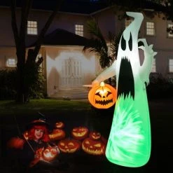 Tangkula 6FT Halloween Inflatables Ghost Holding Pumpkin Blow Up Ghost & Pumpkin Prop with Rotating LED Light Scary Halloween Decorations