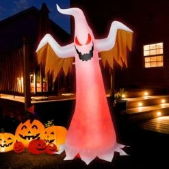 Tangkula 6FT Tall Halloween Inflatable Decoration Blow Up Fire Ghost Built-in Flame LED Light Self-inflate Ghost w/ Sandbags & Ropes & Ground Stakes