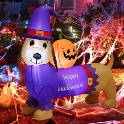 Tangkula 5FT Long Halloween Inflatable Dachshund Dog Blow Up Outdoor Wiener Dog w/Pumpkin & Witch Hat Cute Inflatable Dog Decoration Prop w/LED Lights