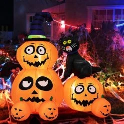 Tangkula 6 FT Inflatable Pumpkin Combo with Wizard's Hat & Cat Blow-up Yard Decoration with Built-in LED Light Powerful Air Blower