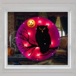 Northlight 13.75" Lighted Black Owl Halloween Window Silhouette Decoration
