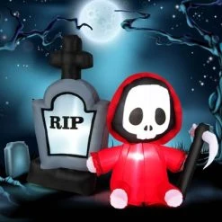 Tangkula 5 FT Tall Halloween Inflatable Decoration Blow Up Grim Reaper Ghost & Tombstone with Bright LED Lights Metal Ground Stakes